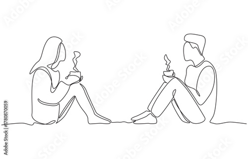 Continuous one line drawing of couple holding coffee cups talking to each other, symbolizing calm connection, relaxation, and meaningful conversation, single line art.