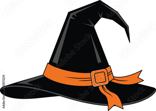 Black witch hat with orange ribbon isolated on white background for halloween