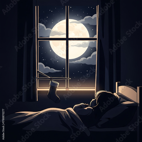 Dreaming of Christmas Eve: Child Waiting for Santa by Moonlight