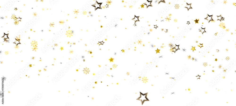 Obraz premium Festive background of gold stars and snowflakes on a white background perfect for Christmas, New Year and birthday celebrations. Add some festiv