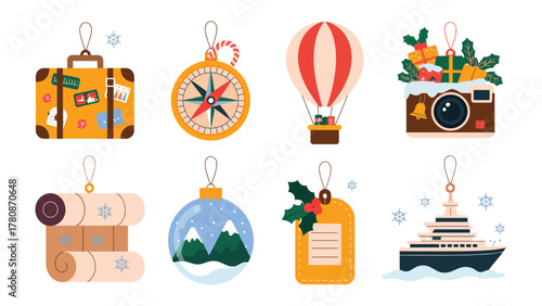 Globetrotter's Festive Collection: Ornament designs themed around travel, evoke wanderlust with symbols of exploration and adventure, ready to adorn and inspire.