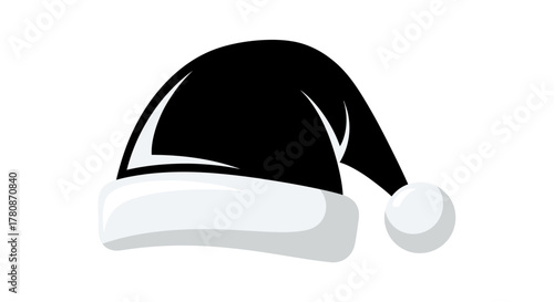 A black Santa hat with a white brim and pompom, isolated on a white background.
