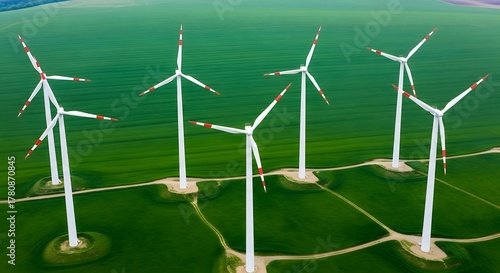 Close up rows of modern white wind turbines on green hills generate clean energy under a clear blue sky