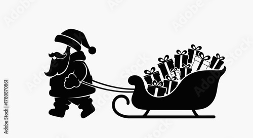 A black silhouette of Santa Claus pulling a sleigh full of Christmas presents on a white background.