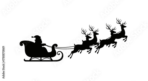 Silhouette of Santa Claus in a sleigh pulled by five flying reindeer against a white background, representing Christmas.
