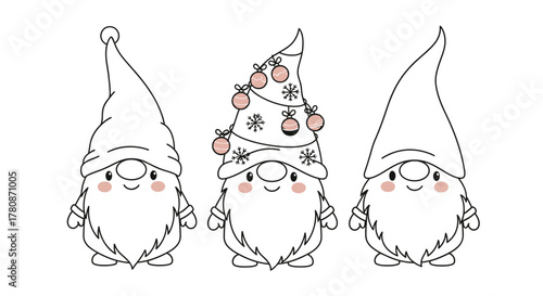 Three adorable cartoon gnomes with pointy hats and long beards, one decorated for Christmas, in a simple outline drawing style.
