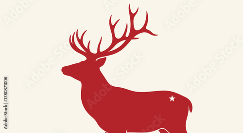 Silhouette of a red stag with large antlers and a star on its side against a cream background.