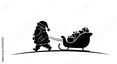 A black silhouette of Santa Claus walking and pulling a sleigh full of wrapped Christmas presents.