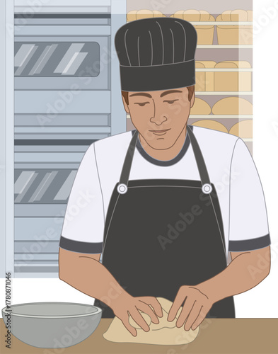 people food. male baker kneading dough with ovens and rack of bread in the background