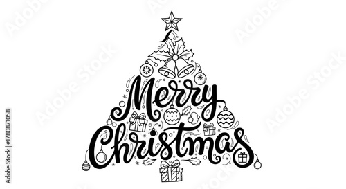 Black and white illustration of a Christmas tree with the words Merry Christmas.