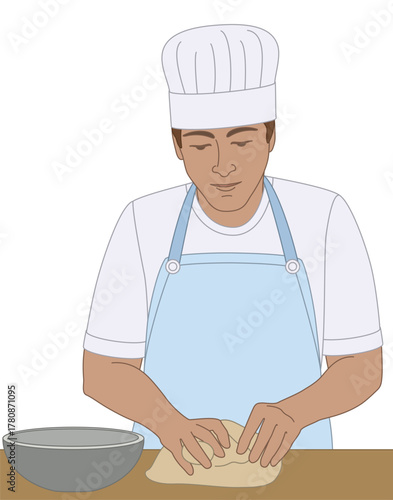 people food. male baker kneading dough isolated on a white background