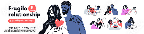 Fragile relationship, love problems in couple concept set. Toxic unhealthy weak connections. Vulnerability, trouble, emotional imbalance, anxiety. Flat vector illustration isolated on white background