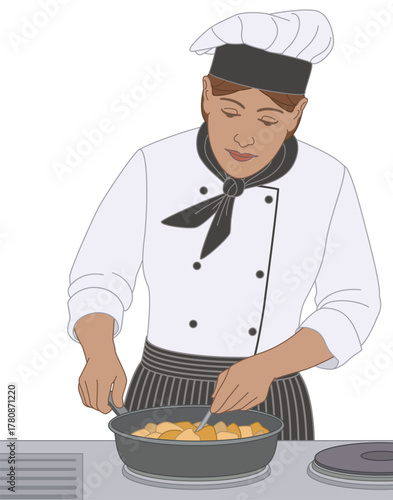 people food, female line chef stirring food in a pan on the stove isolated on a white background