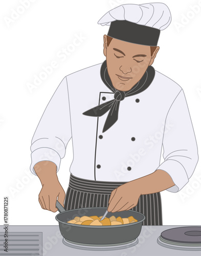 people food, male line chef stirring food in a pan on the stove isolated on a white background