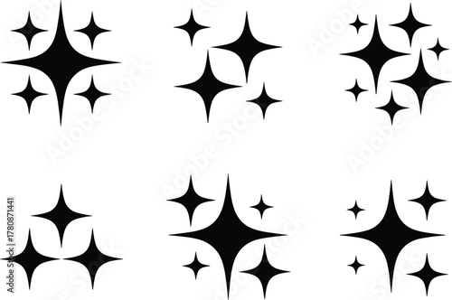 Collection of Black Sparkle Shapes on a White Background Illustration