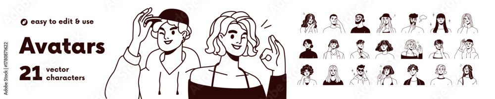 Naklejka premium People avatars set in outlined lineart style. Head portraits of young smiling male and female characters. Happy men and women, user profiles. Flat vector illustration isolated on white background.