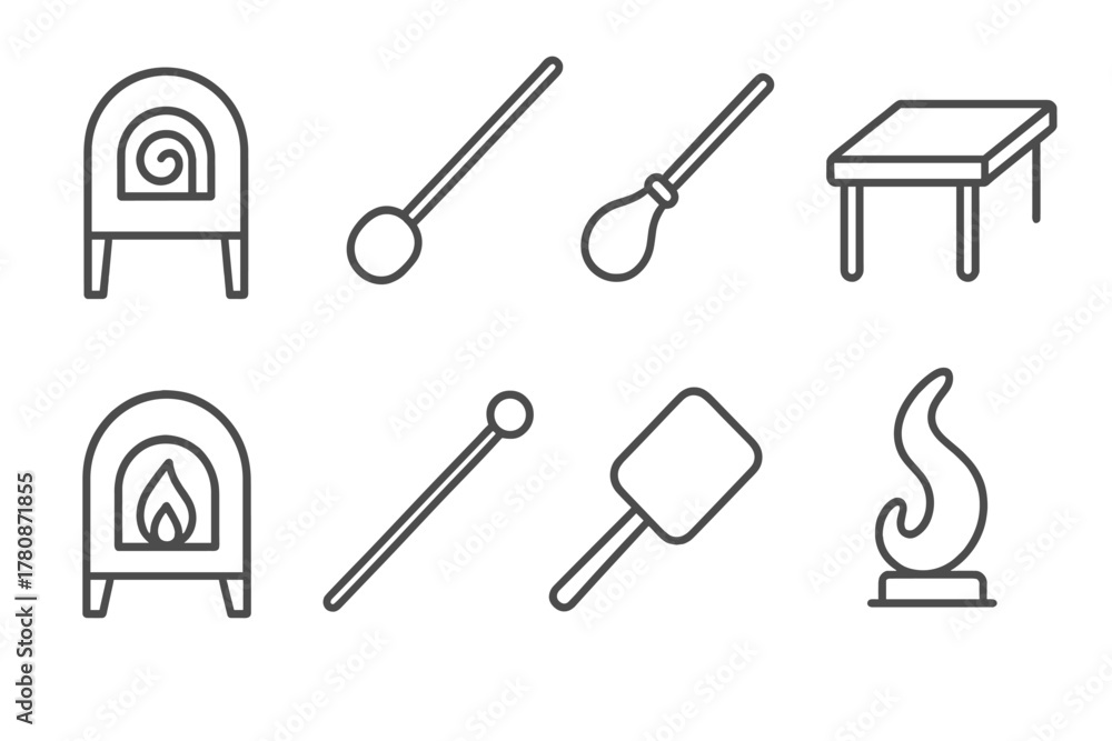 Fototapeta premium Glassblowing Icons. Line style icons of Glassblowing: Annealing Oven, Blowpipe, Molten Glass, Marver, Furnace, Pontil, Shaping