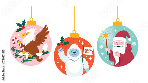Holiday ornaments with festive drawings: A collection of festive ornaments ready to bring joy to the season. Decorations with illustrated Christmas theme