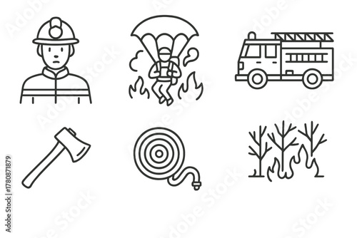 Wildfire Rescue Icons. Line style icons of Wildfire Rescue: Firefighter, Smoke Jumper, Fire Truck, Burned Forest, Axe, Helmet,