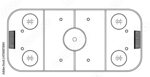 Ice hockey rink overhead view with markings and goals