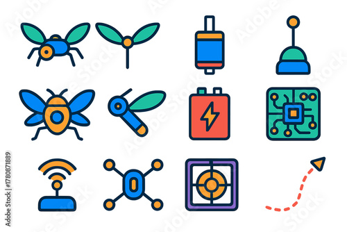 Robotic Insect Drone Icons. Flat vector icons of modern robotic insect drones: miniature drone, flapping wings, micro motor,