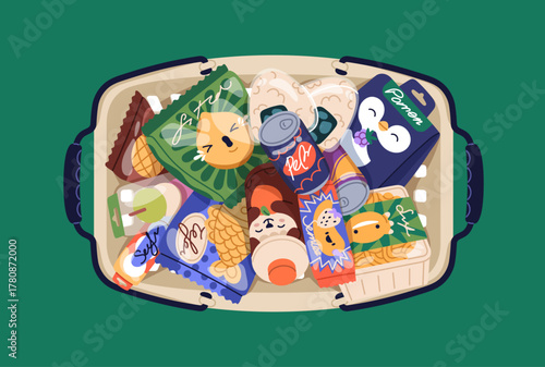 Shopping basket with food products in cute kawaii Asian packagings. Drink and snacks, korean goods, packed produce in boxes and bags, purchases, noodles, soda, above top view. Flat vector illustration
