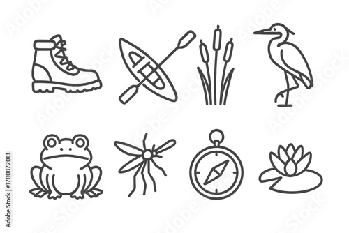 Adventure Marsh Icons. Line style icons of Adventure Marsh: Hiking Boots, Canoe, Reeds, Heron, Frog, Mosquito, Compass, Water Lily