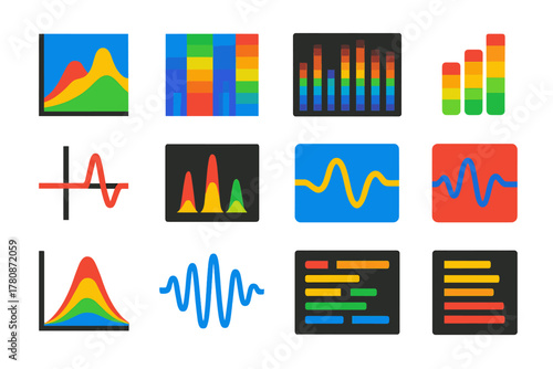 Modern Spectrogram Icons. Flat vector icons of Spectrogram Studies: frequency chart, color heatmap, spectrogram grid, audio bar