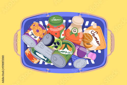 Food products, goods in shopping basket, top view. Grocery purchases, canned snacks, vegetables and fruits, drinks in bottles, healthy supermarket produce from above. Flat vector illustration.