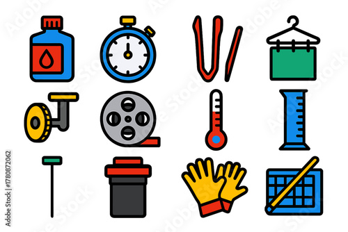 Darkroom Equipment Icons. Flat vector icons of Darkroom Equipment: chemical bottle, timer, tongs, drying rack, focusing knob, film