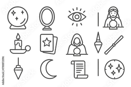 Mystic Icons Collection. Line style icons of Mystic Instruments: Crystal Sphere, Black Mirror, Foresight, Fortune Reader; Candle