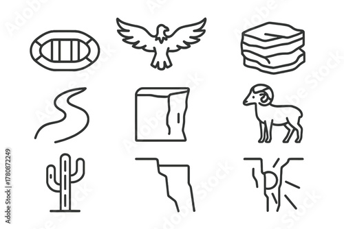 Canyon Icons Collection. Line style icons of Canyon: Raft, Condor, Layer of Rock, River, Cliff Edge, Bighorn Sheep, Cactus,
