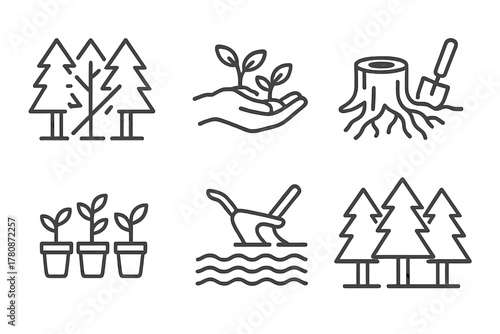 Silviculture Icon Set. Line style icons of Silvicultural Practices: thinning stand, mixed species planting, stump removal, tree