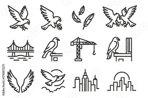 Skyline Falcon Hunt. Line style icons of skyline hunting: falcon strike, prey in talons, feather scatter, mid-air clash; city