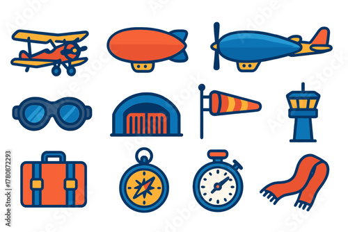 Vintage Aviation Icons. Flat vector icons of Golden Age of Flight: biplane, dirigible, airship, propeller plane, pilot goggles,