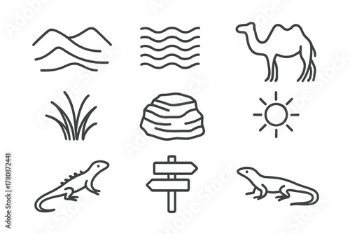 Hidden Dune Icons. Line style icons of Hidden Dune: Secret Valley, Ripple Pattern, Camel, Dune Grass, Sandstone Rock, Sun, Lizard,