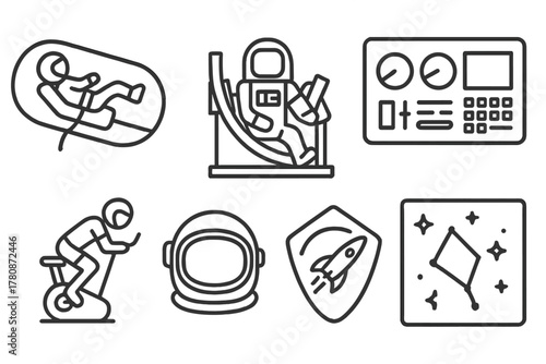 Astronaut Training Icons. Line style icons of Astronaut Training: Zero-G Simulator, Centrifuge, Spacesuit, Control Panel, Exercise