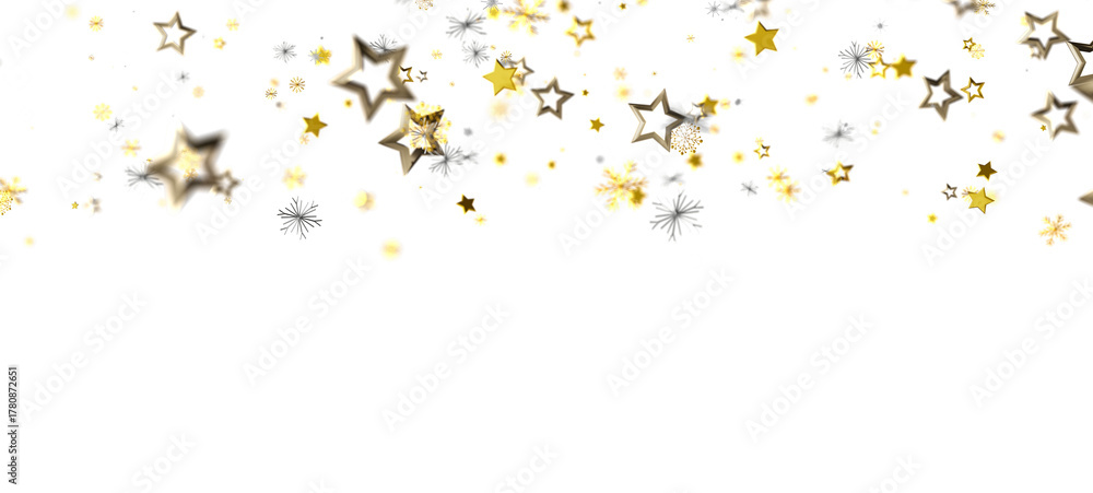 Obraz premium Festive golden star confetti scattered on a white backdrop, perfect for holiday designs, celebrations, and joyful occasions. Great for backgroun