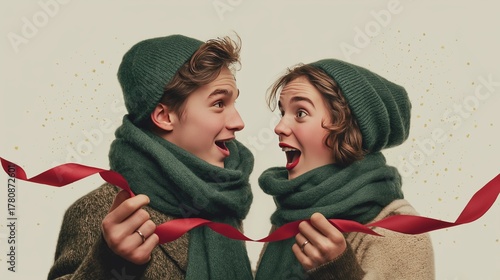 Cheerful couple in green scarves holds a red ribbon with joyful surprise, representing love, winter holiday, and Christmas gift. Romantic festive moment showing connection, happiness and seasonal 