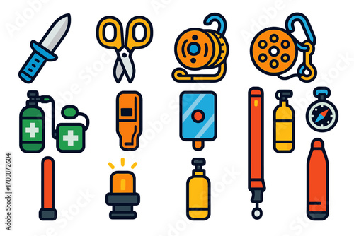 Diver Emergency Tools Icons. Flat vector icons of Diver Emergency Tools: cutting knife, shears, backup reel, safety spool, oxygen