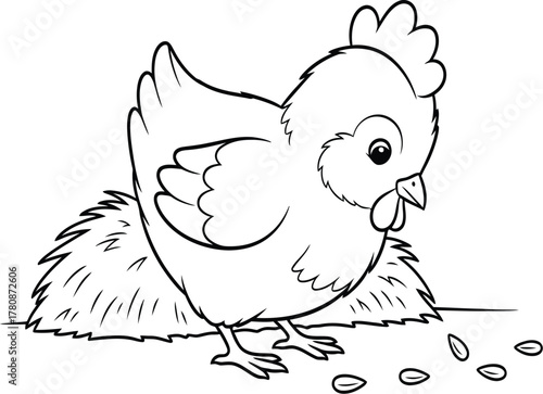 Cute Cartoon Chick Foraging on Hay with Seeds - Adorable Black and White Line Art for Coloring Books and Children's Designs