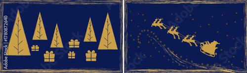 Elegant Gold Christmas Trees and Gifts on Dark Blue Background – Luxury Holiday Greeting Card Design