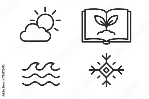 Agrarian Icon Line Art. Line style icons of Agrarian Knowledge: Weather Forecast, Planting Schedule, Tide Chart, Folkloric Wisdom;