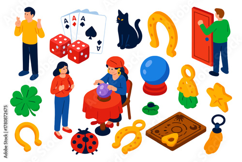 Sociology of Luck. Isometric vector illustration set Sociology of luck: people performing lucky rituals, dice and cards,