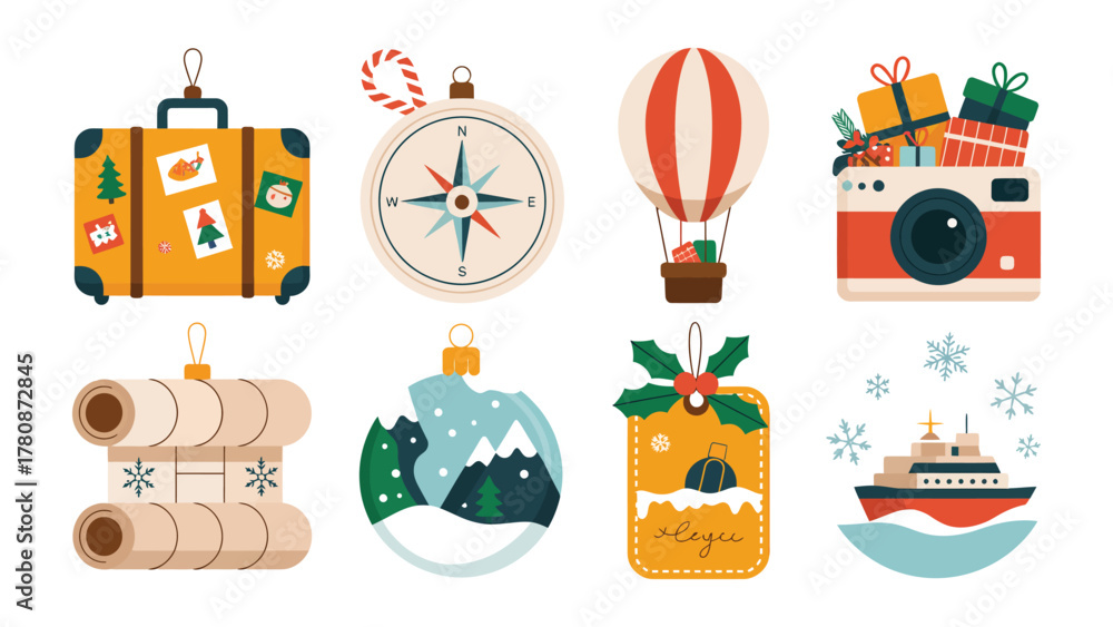 Fototapeta premium Wanderlust ornaments: Festive travel-themed Christmas ornaments. Capturing the spirit of adventure, inviting dreams of far-off destinations.