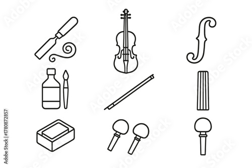Luthier Icon Set. Line style icons of Luthier: Wood Carving Tools, Violin, Soundhole, Varnish, Bow, Fingerboard, Rosin, Tuning