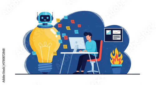 Ai robot and human collaboration on creative project isolated on transparent background