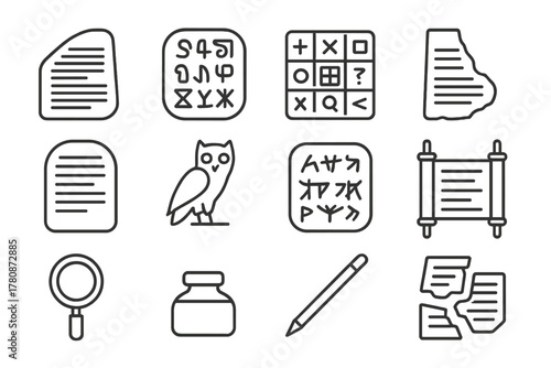 Ancient Script Icons. Line style icons of Ancient Scripts: Rosetta Stone, Undeciphered Script, Linguistic Puzzle, Cultural Loss;