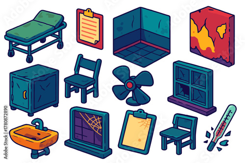 Forgotten Asylum Icons. Isometric vector illustration set Forgotten Asylum: hospital gurney, clipped medical chart, empty hall