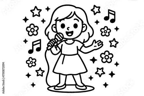 Singing Star Performance. Talented singer holding a microphone on stage with stars, music notes, and flowers around, black and